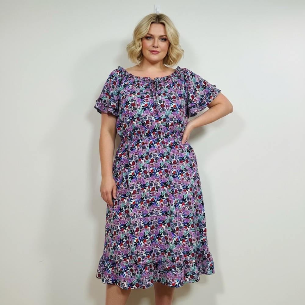 Women's Flutter Sleeve Midi Dress Purple‎ Red Blue Size 12 Tie Neck Garter Waist